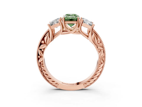 Rose gold Three-Stone Fancy Green Emerald Cut Cut Milgrain Pavé Engagement Ring_3