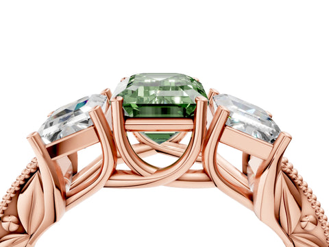 Rose gold Three-Stone Fancy Green Emerald Cut Cut Milgrain Pavé Engagement Ring_4
