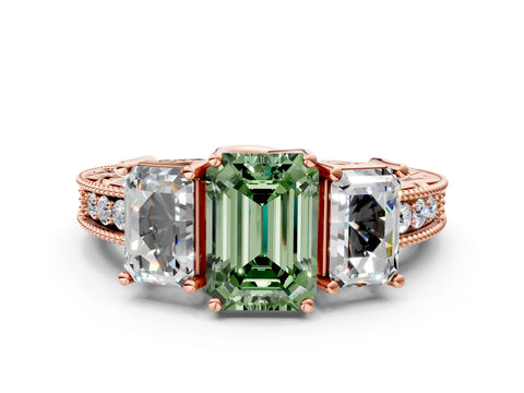 Rose gold Three-Stone Fancy Green Emerald Cut Cut Milgrain Pavé Engagement Ring