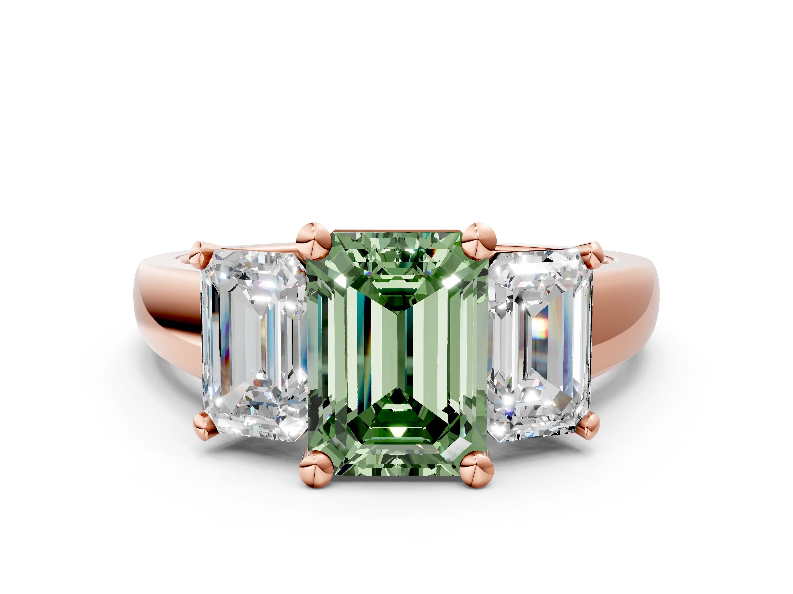 Rose gold Three-Stone Fancy Green Emerald Cut Cut Solitaire Ring with Classic Prong Setting