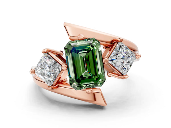 Rose gold Three-Stone Fancy Green Emerald Cut Cut Tension Band Ring with Four-Prong Setting