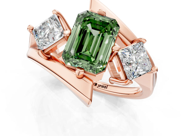 Rose gold Three-Stone Fancy Green Emerald Cut Cut Tension Band Ring with Four-Prong Setting