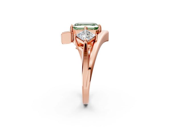Rose gold Three-Stone Fancy Green Emerald Cut Cut Tension Band Ring with Four-Prong Setting