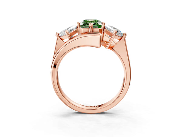 Rose gold Three-Stone Fancy Green Emerald Cut Cut Tension Band Ring with Four-Prong Setting