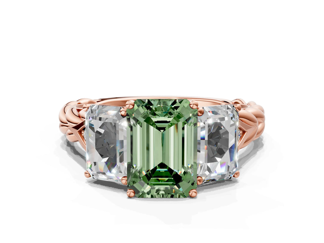 Rose gold Three-Stone Fancy Green Emerald Cut Diamond Braided Band Ring with Four-Prong Setting_108