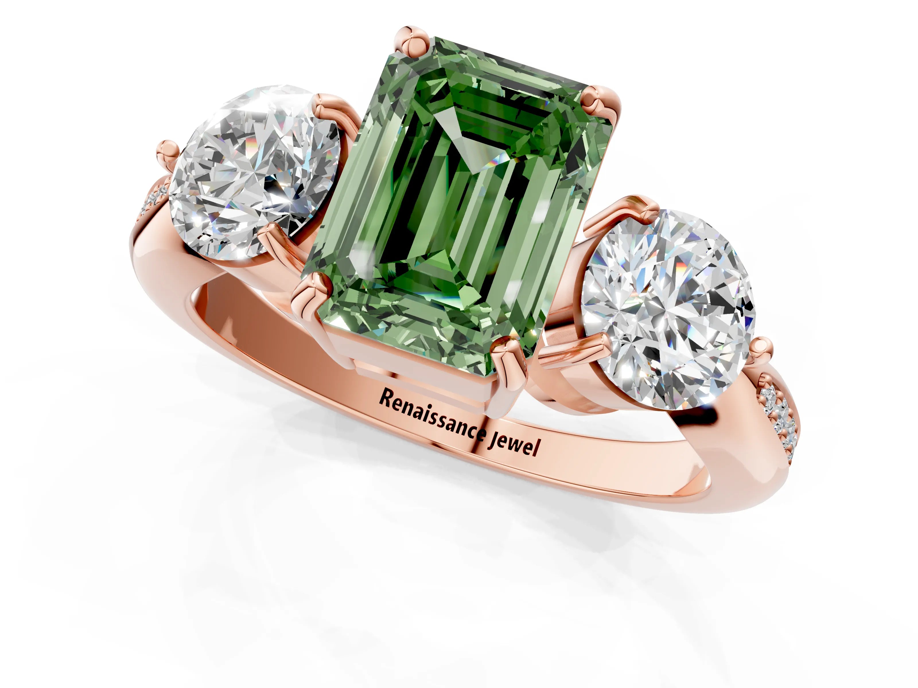 Rose gold Three-Stone Fancy Green Emerald Cut Diamond Channel Set Engagement Ring with Prong Setting_1