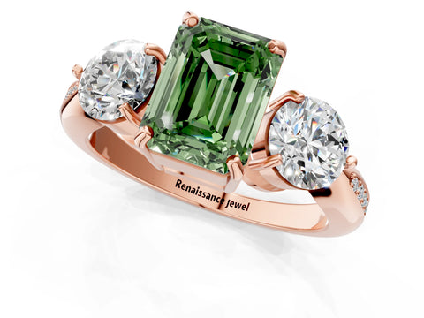 Rose gold Three-Stone Fancy Green Emerald Cut Diamond Channel Set Engagement Ring with Prong Setting_1