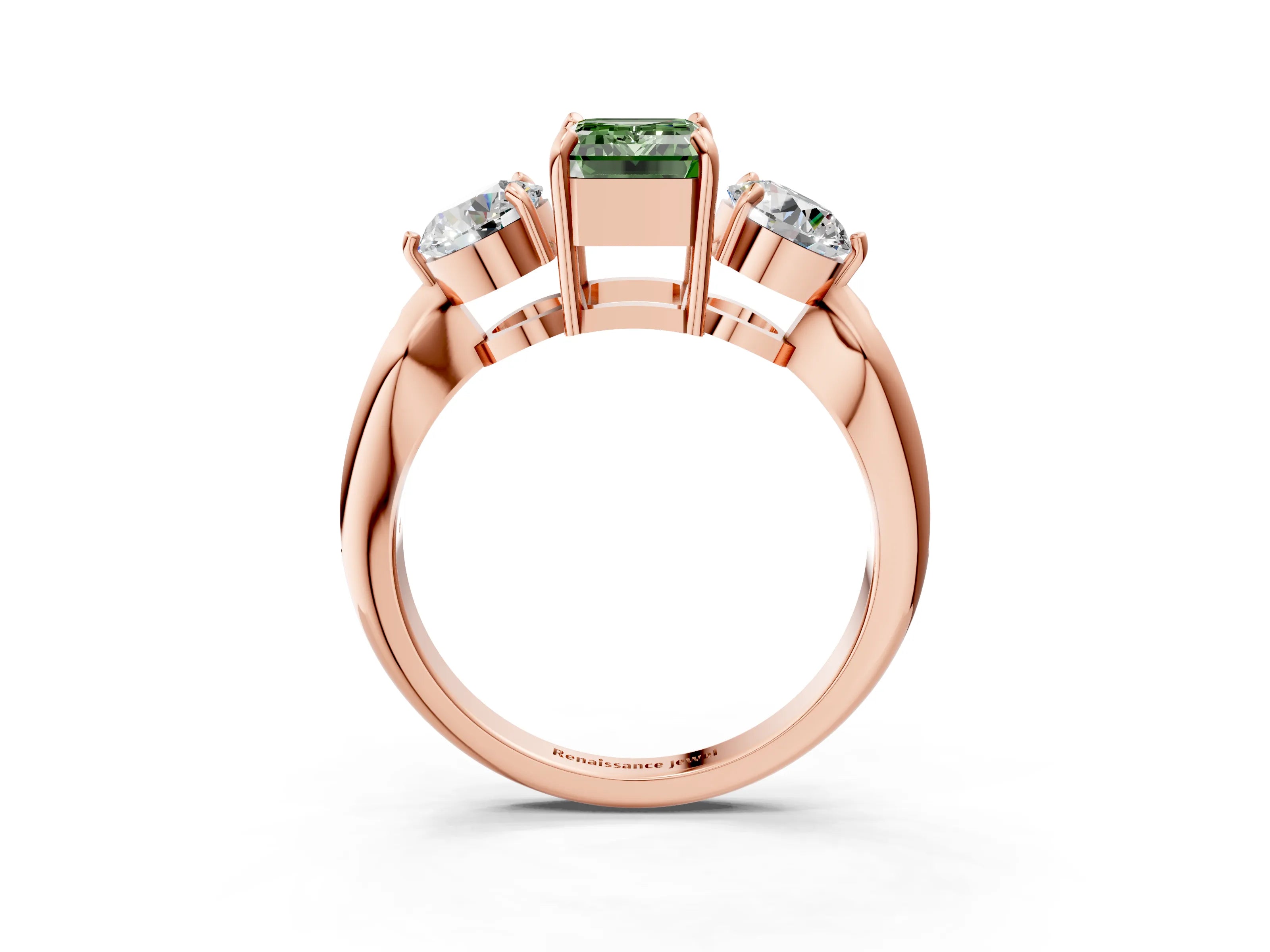 Rose gold Three-Stone Fancy Green Emerald Cut Diamond Channel Set Engagement Ring with Prong Setting_3
