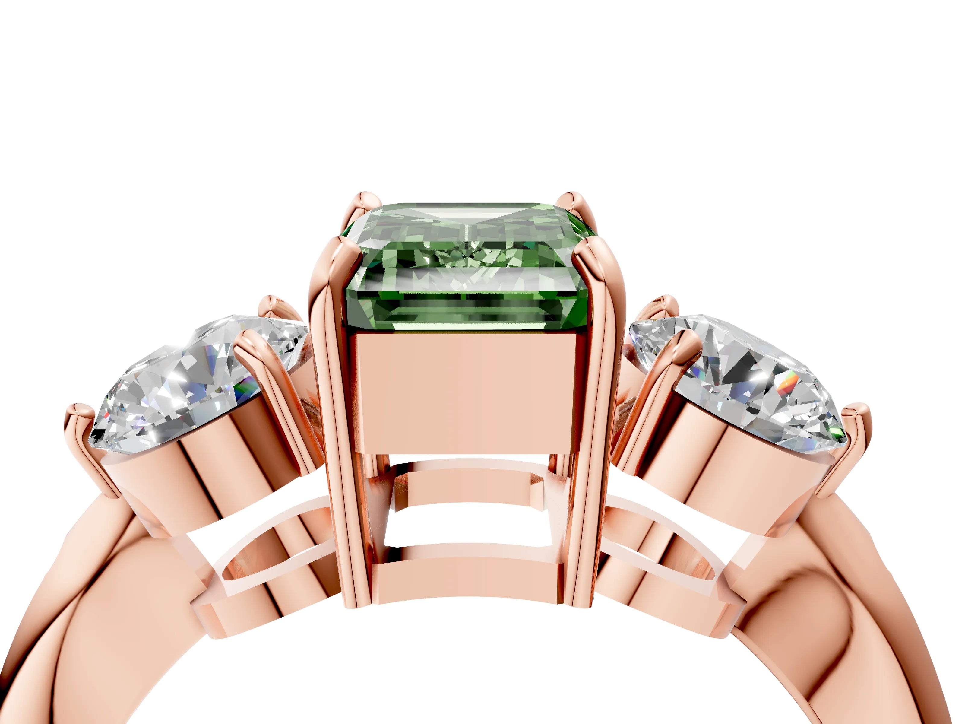 Rose gold Three-Stone Fancy Green Emerald Cut Diamond Channel Set Engagement Ring with Prong Setting_4