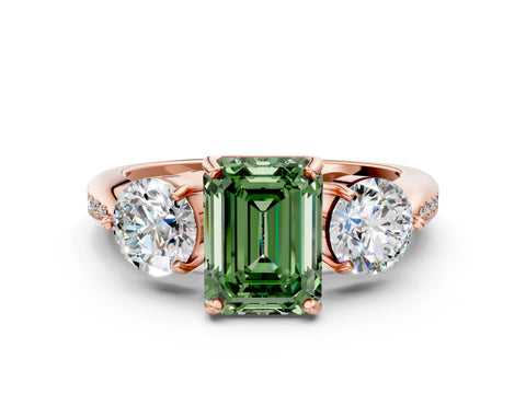 Rose gold Three-Stone Fancy Green Emerald Cut Diamond Channel Set Engagement Ring with Prong Setting
