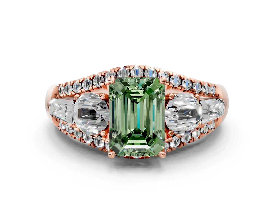 Rose gold Three-Stone Fancy Green Emerald Cut Diamond Engagement Ring with Pave Band and Prong Setting_12