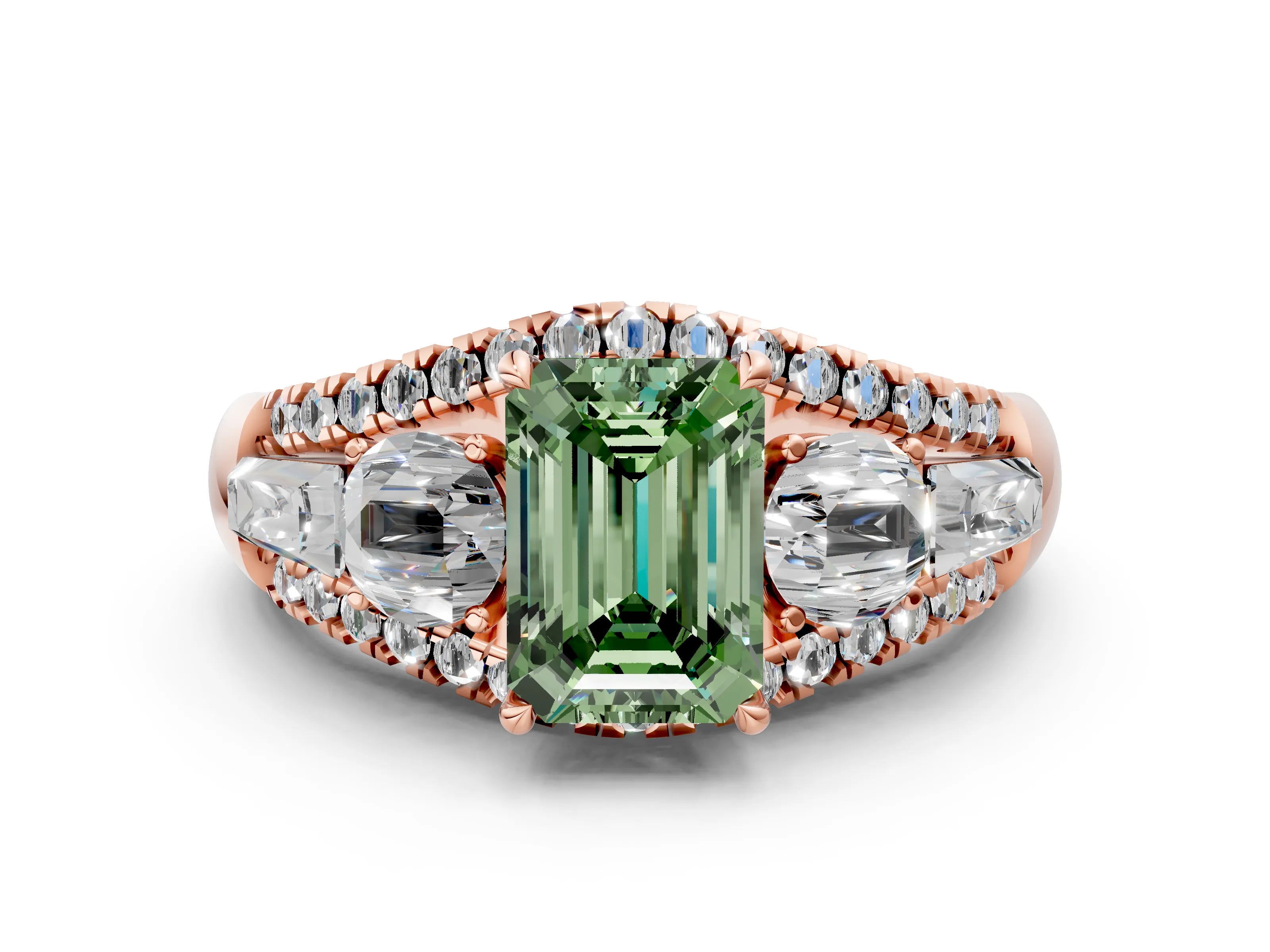 Rose gold Three-Stone Fancy Green Emerald Cut Diamond Engagement Ring with Pave Band and Prong Setting_13