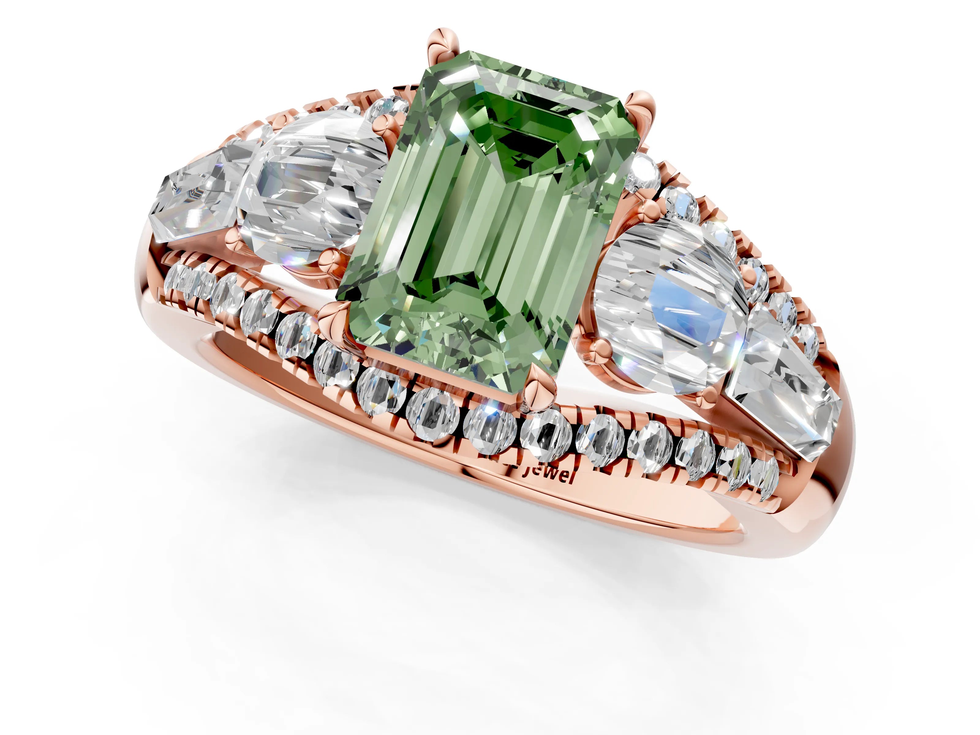 Rose gold Three-Stone Fancy Green Emerald Cut Diamond Engagement Ring with Pave Band and Prong Setting_14