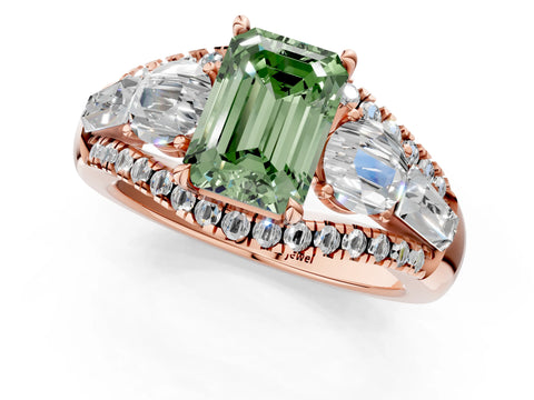 Rose gold Three-Stone Fancy Green Emerald Cut Diamond Engagement Ring with Pave Band and Prong Setting_14