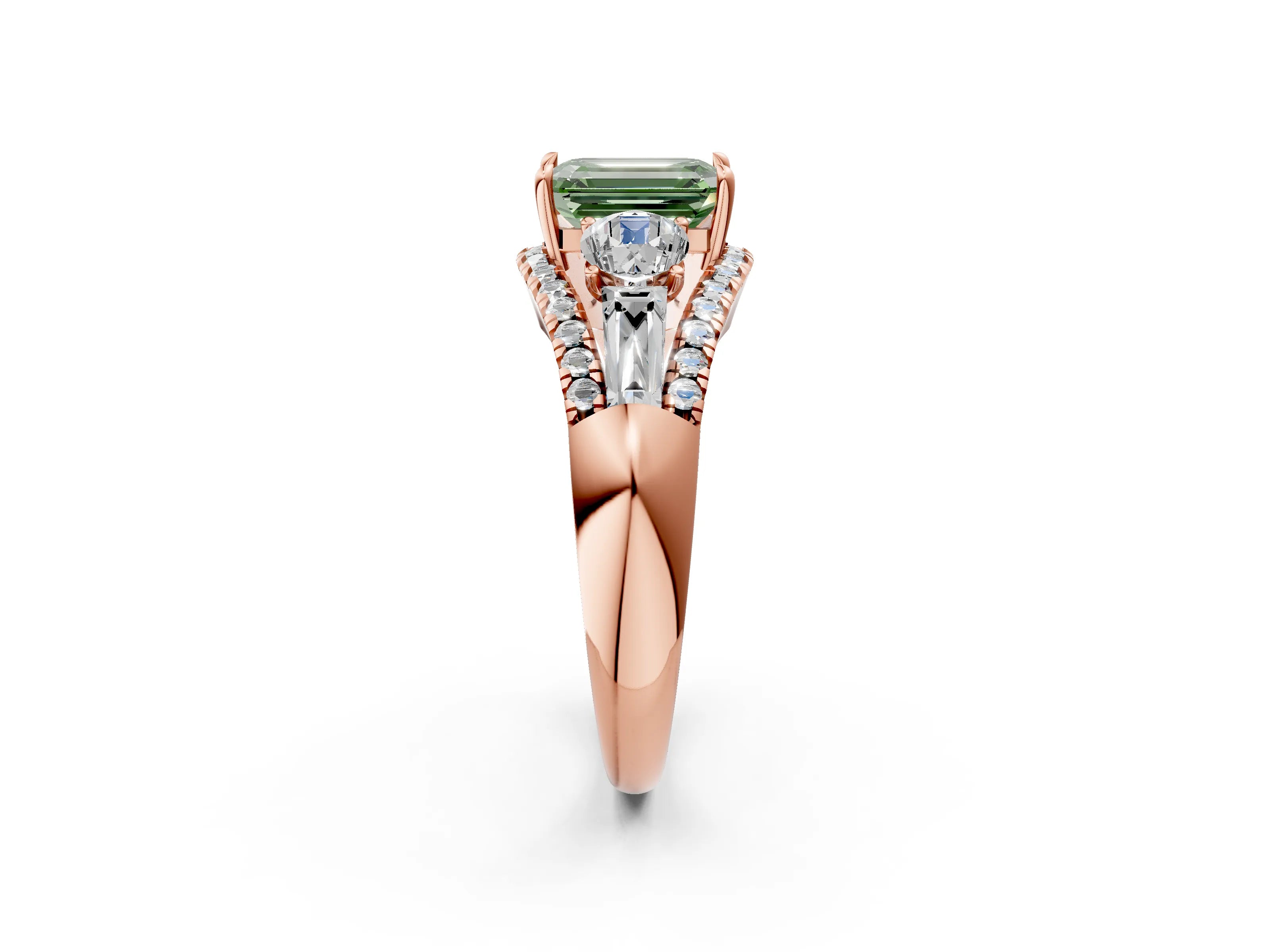 Rose gold Three-Stone Fancy Green Emerald Cut Diamond Engagement Ring with Pave Band and Prong Setting_15