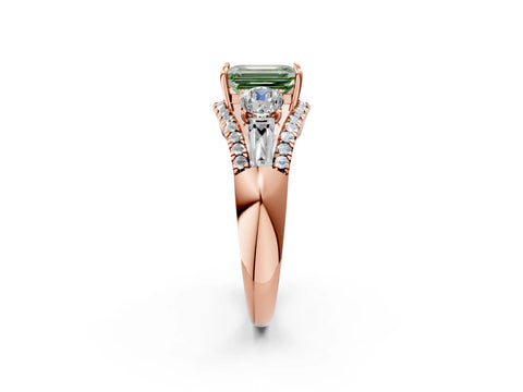 Rose gold Three-Stone Fancy Green Emerald Cut Diamond Engagement Ring with Pave Band and Prong Setting_15