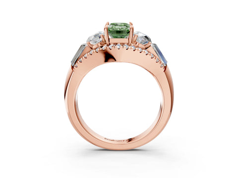 Rose gold Three-Stone Fancy Green Emerald Cut Diamond Engagement Ring with Pave Band and Prong Setting_16