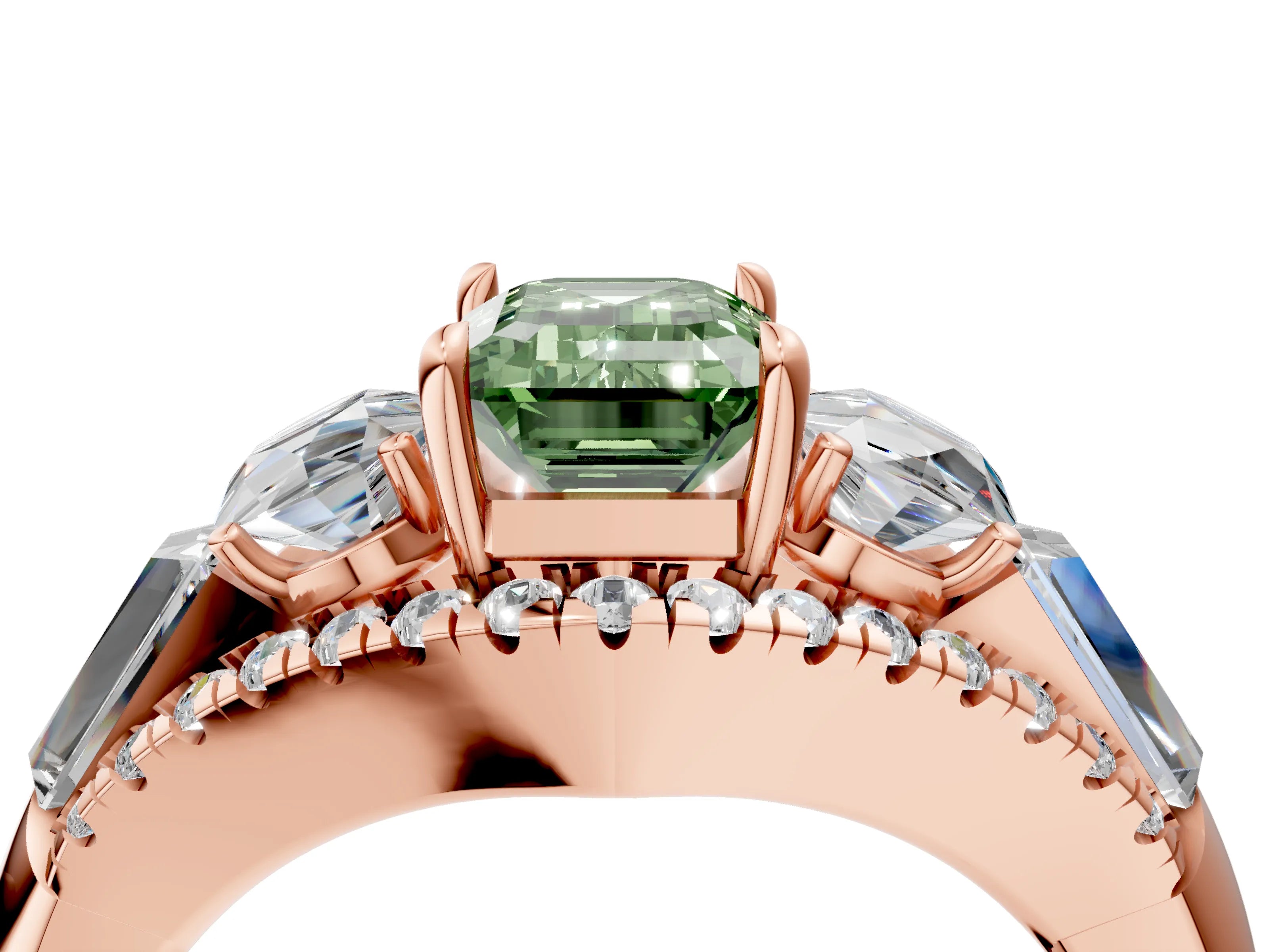 Rose gold Three-Stone Fancy Green Emerald Cut Diamond Engagement Ring with Pave Band and Prong Setting_17