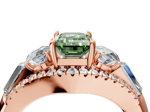 Rose gold Three-Stone Fancy Green Emerald Cut Diamond Engagement Ring with Pave Band and Prong Setting_17