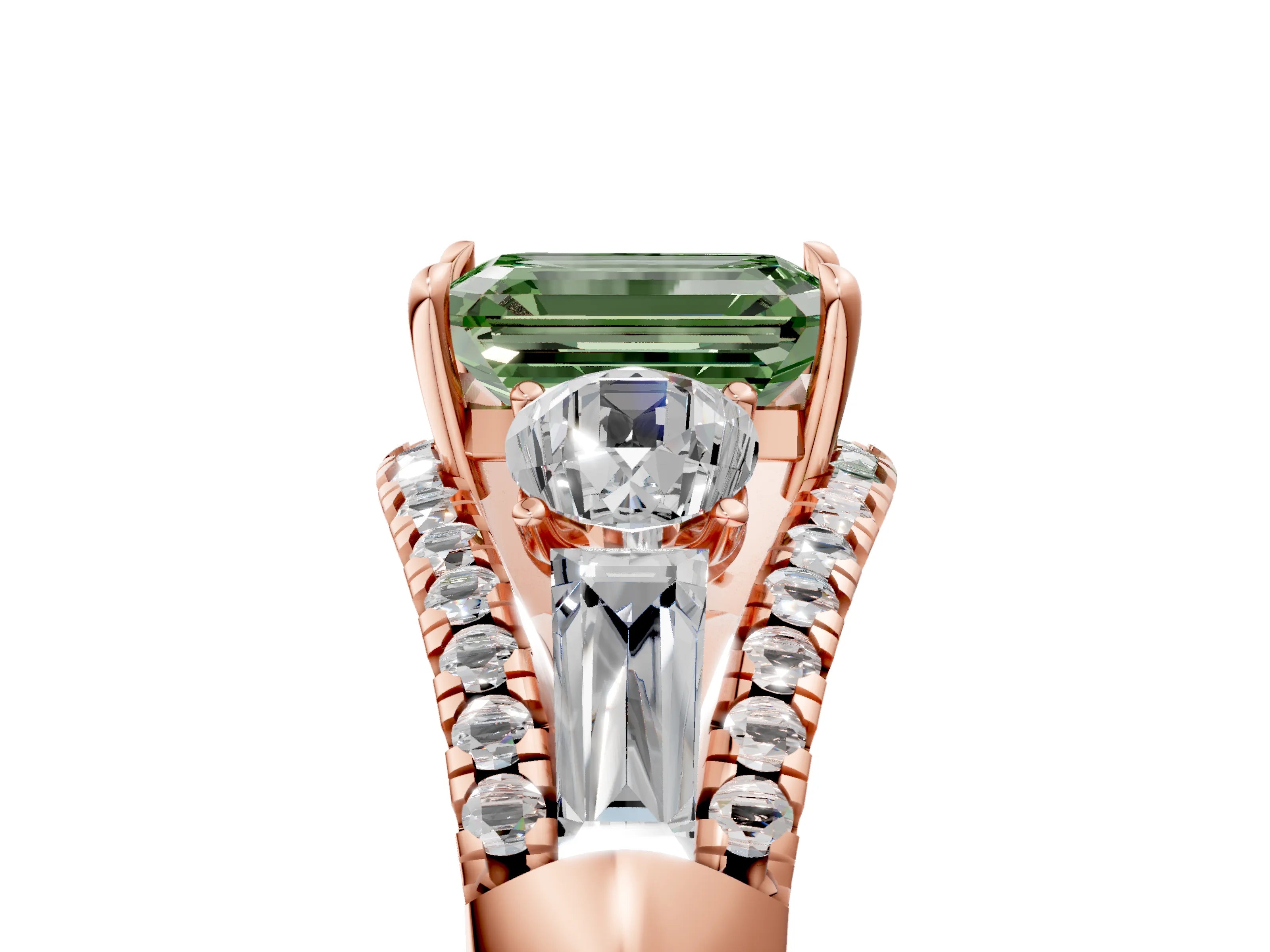 Rose gold Three-Stone Fancy Green Emerald Cut Diamond Engagement Ring with Pave Band and Prong Setting_18