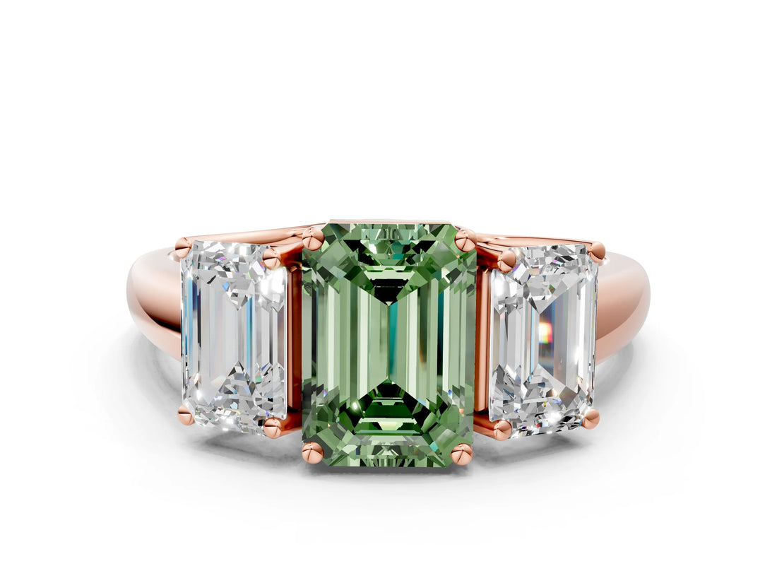 Rose gold Three-Stone Fancy Green Emerald Cut Diamond Engagement Ring with Prong Setting_3