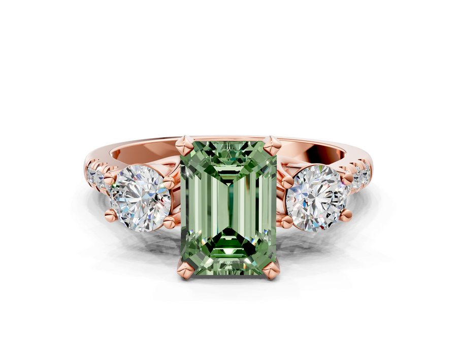 Rose gold Three-Stone Fancy Green Emerald Cut Diamond Pavé Band with Four-Prong Setting