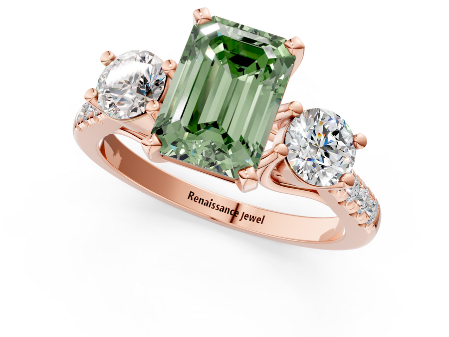 Rose gold Three-Stone Fancy Green Emerald Cut Diamond Pavé Band with Four-Prong Setting