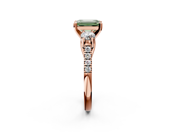 Rose gold Three-Stone Fancy Green Emerald Cut Diamond Pavé Band with Four-Prong Setting