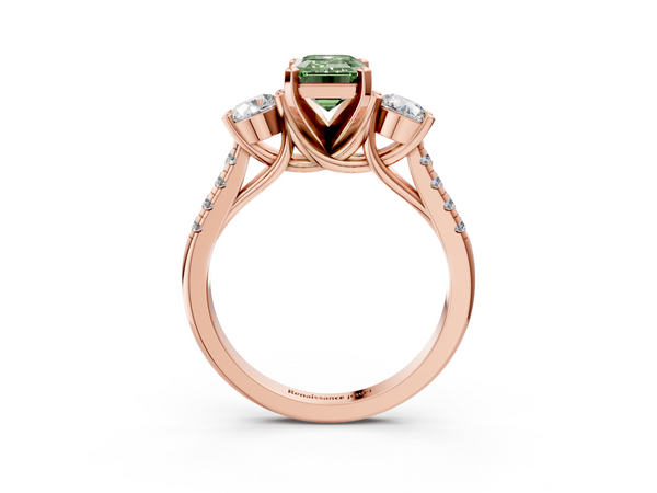 Rose gold Three-Stone Fancy Green Emerald Cut Diamond Pavé Band with Four-Prong Setting