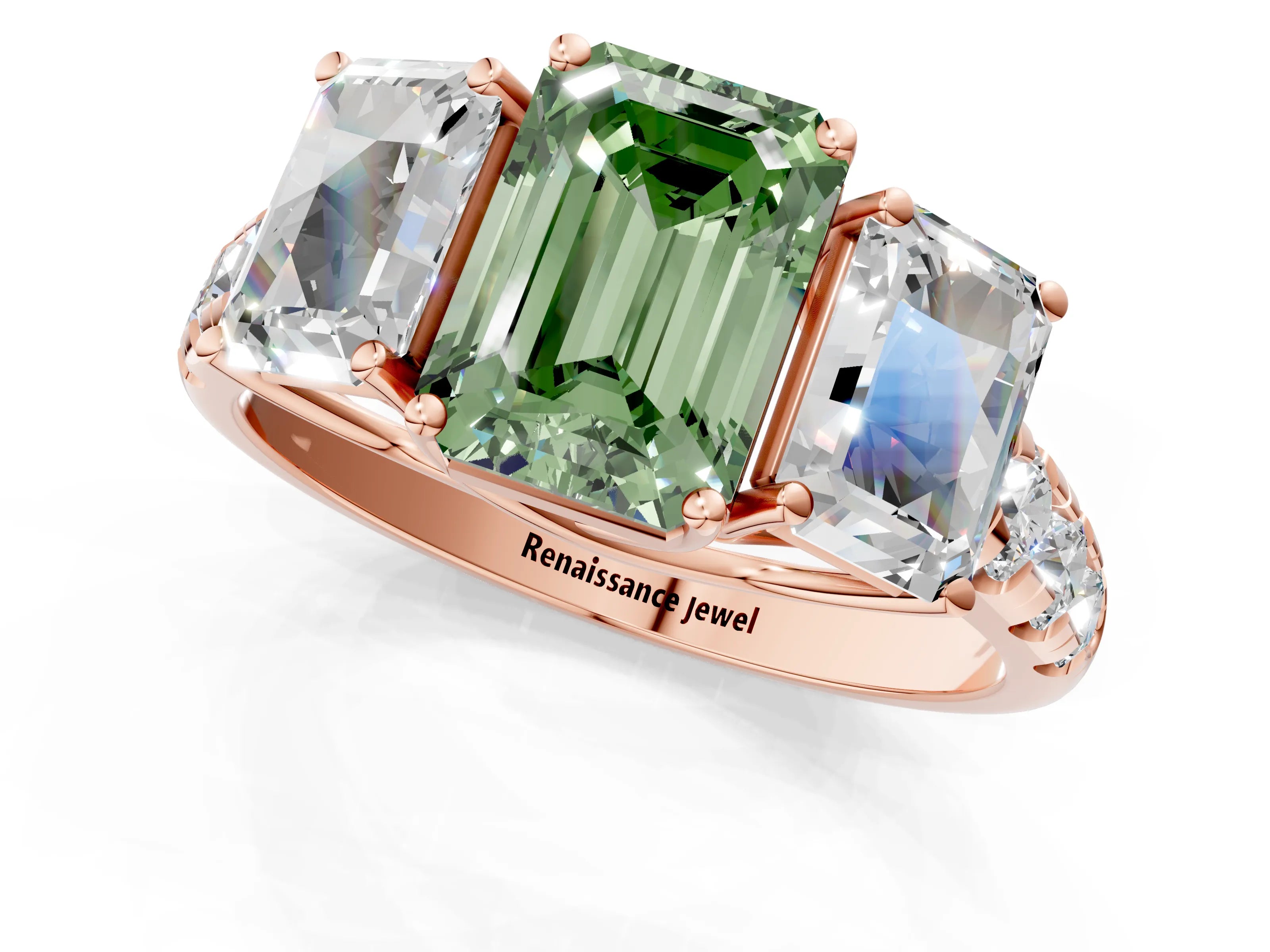Rose gold Three-Stone Fancy Green Emerald Cut Diamond Pavé Band with Prong Setting_1