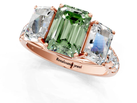 Rose gold Three-Stone Fancy Green Emerald Cut Diamond Pavé Band with Prong Setting_1