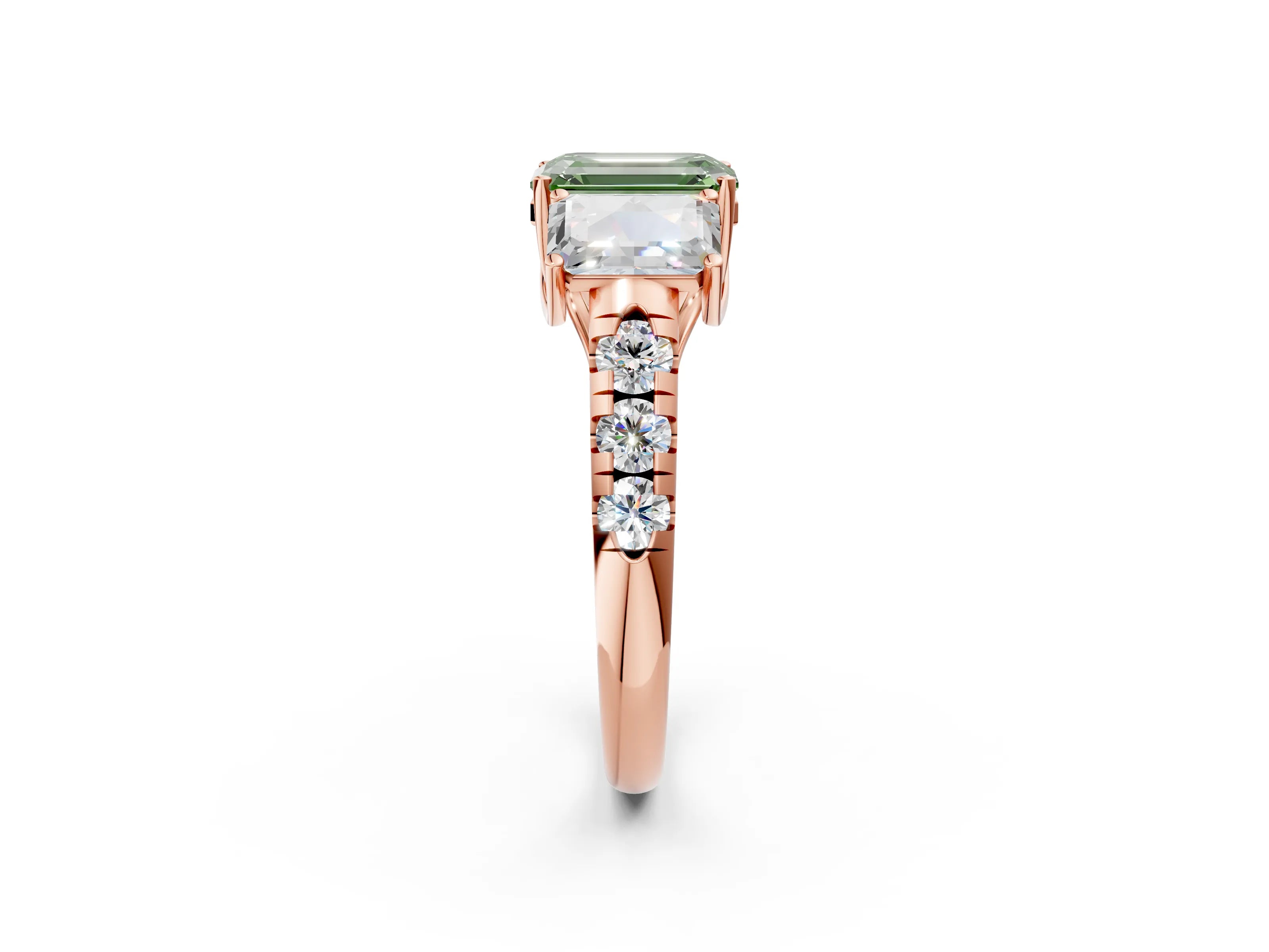 Rose gold Three-Stone Fancy Green Emerald Cut Diamond Pavé Band with Prong Setting_2