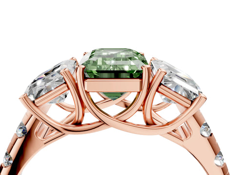 Rose gold Three-Stone Fancy Green Emerald Cut Diamond Pavé Band with Prong Setting_4