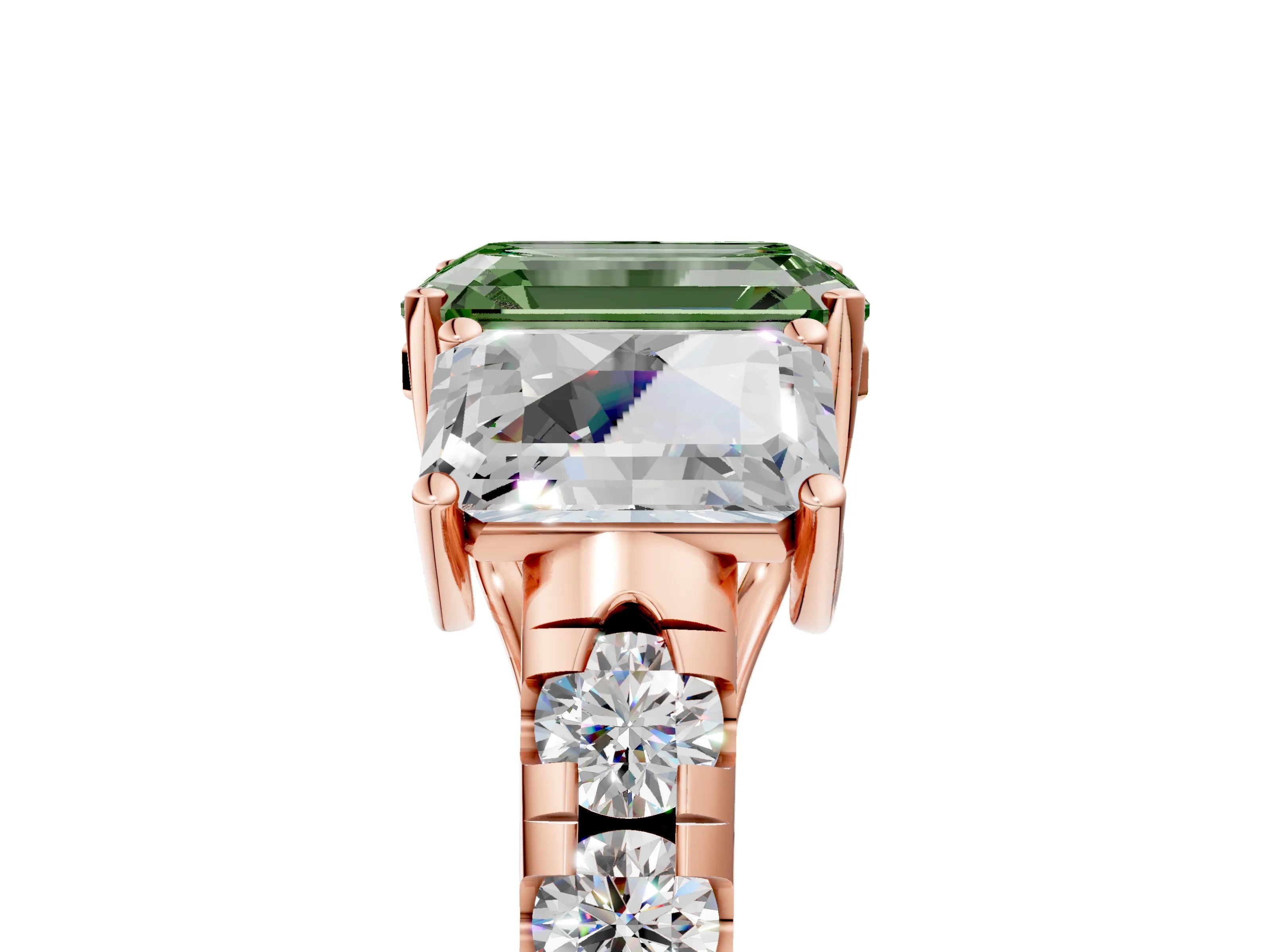 Rose gold Three-Stone Fancy Green Emerald Cut Diamond Pavé Band with Prong Setting_5