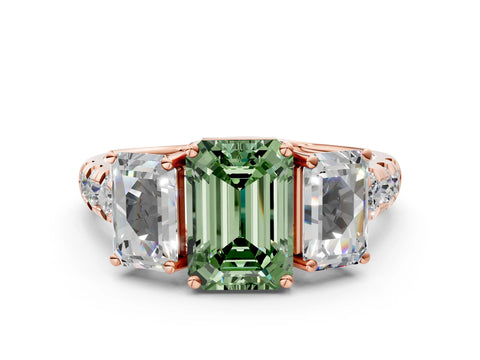 Rose gold Three-Stone Fancy Green Emerald Cut Diamond Pavé Band with Prong Setting