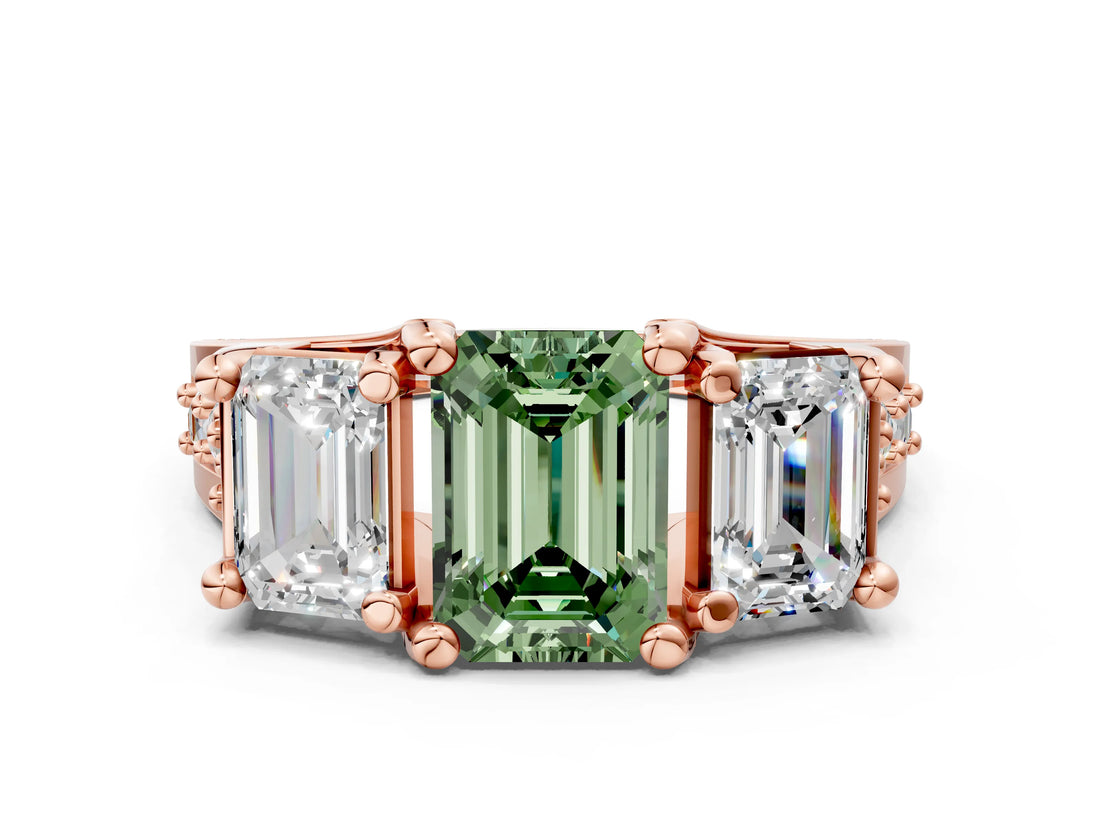 Rose gold Three-Stone Fancy Green Emerald  Cut Diamond Ring with Channel-Set Band and Four-Prong Setting_68