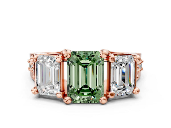 Rose gold Fancy Green Emerald Cut Diamond Three-Stone Ring with Channel Set Band and Four-Prong Setting