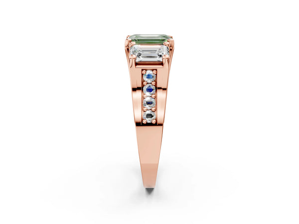Rose gold Fancy Green Emerald Cut Diamond Three-Stone Ring with Channel Set Band and Four-Prong Setting