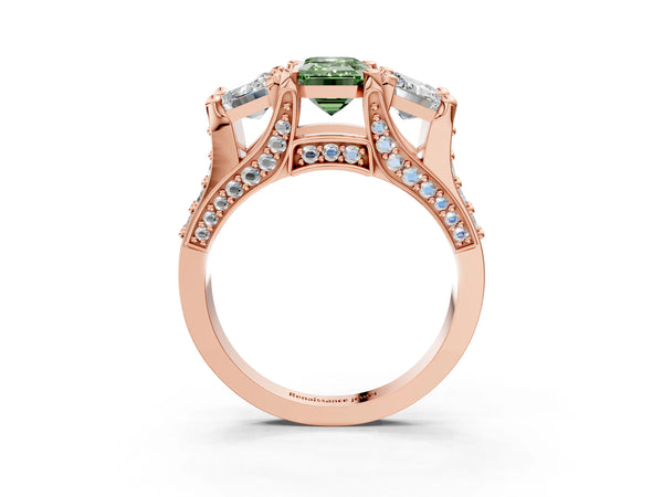 Rose gold Fancy Green Emerald Cut Diamond Three-Stone Ring with Channel Set Band and Four-Prong Setting
