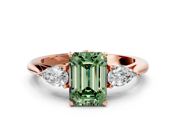 Rose gold Three-Stone Fancy Green Emerald Cut Diamond Ring with Pear  Side Stones in Four-Prong Setting