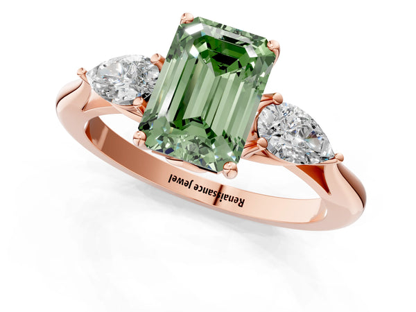 Rose gold Three-Stone Fancy Green Emerald Cut Diamond Ring with Pear  Side Stones in Four-Prong Setting