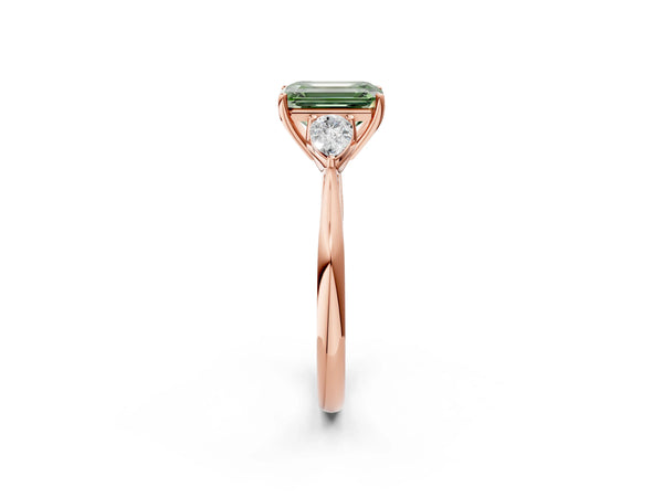 Rose gold Three-Stone Fancy Green Emerald Cut Diamond Ring with Pear  Side Stones in Four-Prong Setting