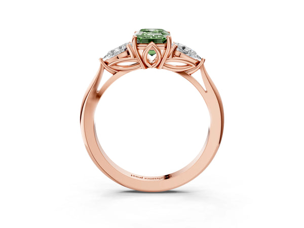 Rose gold Three-Stone Fancy Green Emerald Cut Diamond Ring with Pear  Side Stones in Four-Prong Setting