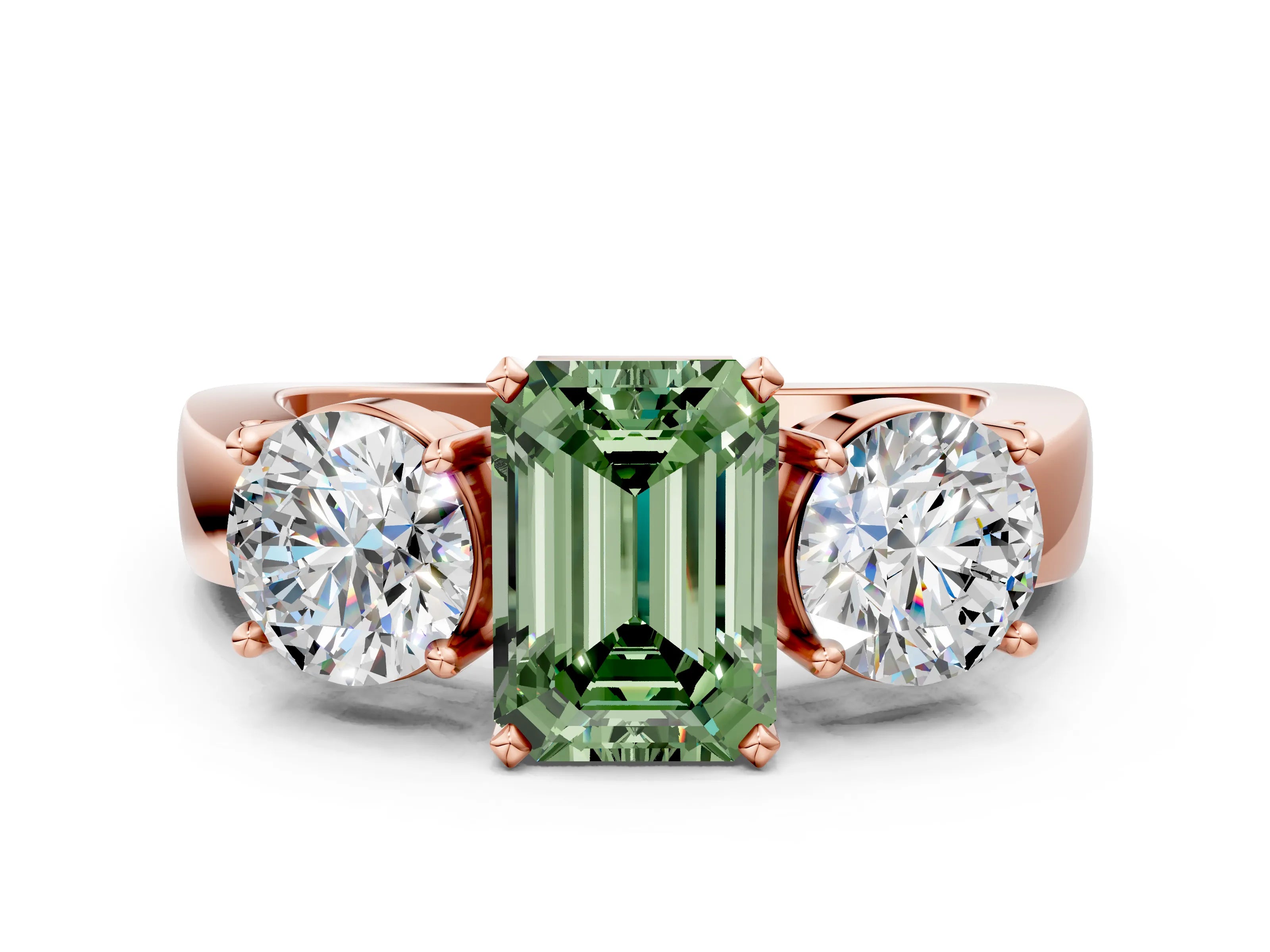 Rose gold Three-Stone Fancy Green Emerald Cut Diamond Ring with Round Side Stones, Classic Band, and Four-Prong Setting