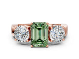 Rose gold Three-Stone Fancy Green Emerald Cut Diamond Ring with Round Side Stones, Classic Band, and Four-Prong Setting