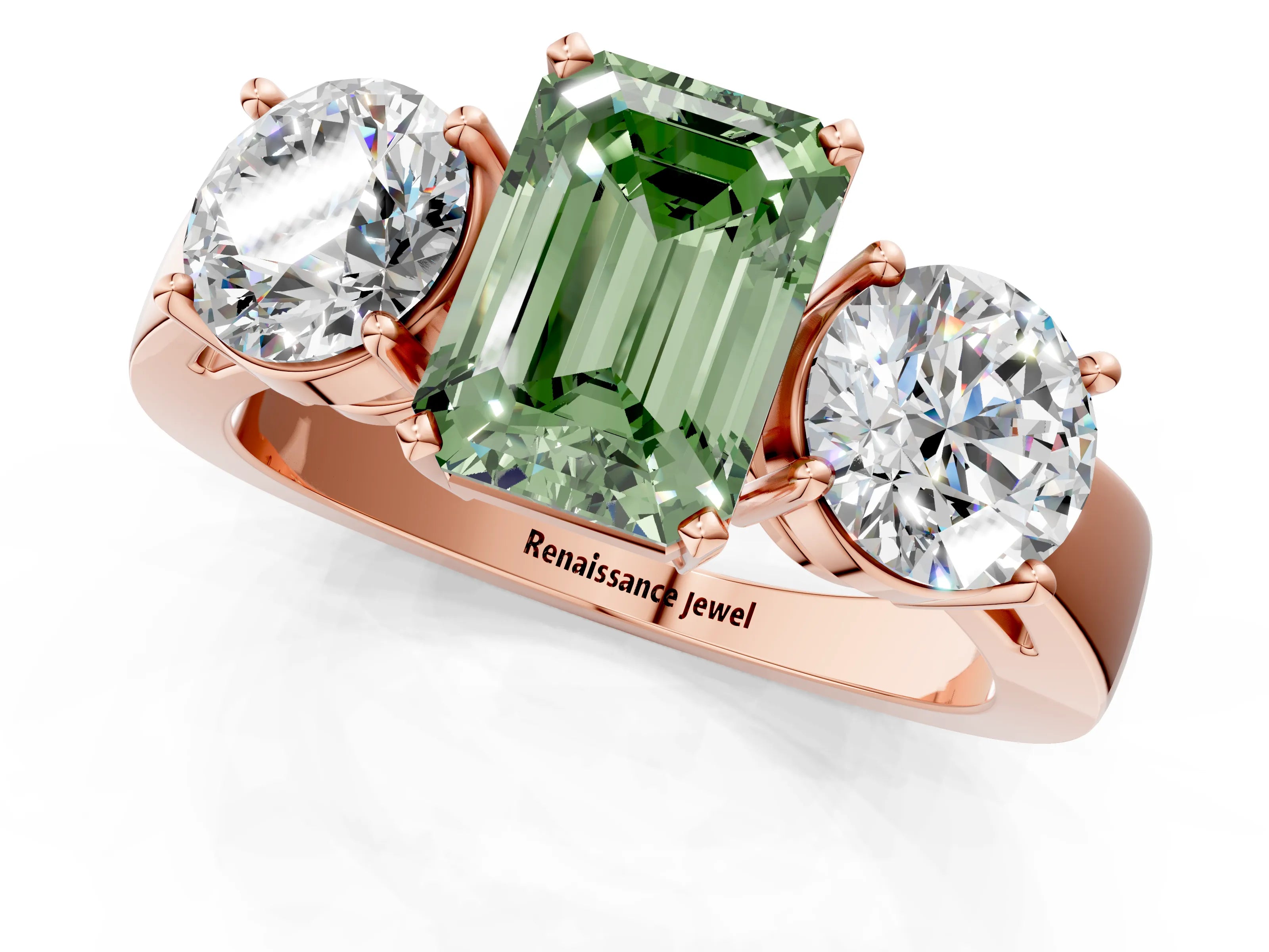 Rose gold Three-Stone Fancy Green Emerald Cut Diamond Ring with Round Side Stones, Classic Band, and Four-Prong Setting_1
