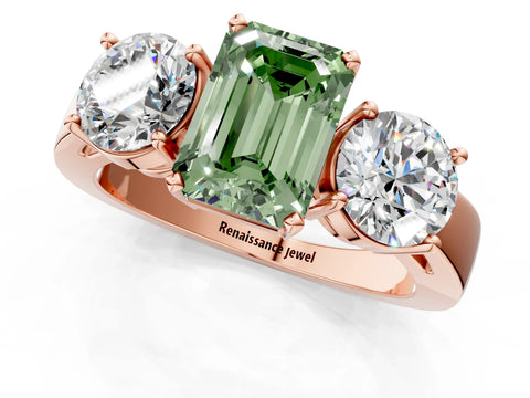 Rose gold Three-Stone Fancy Green Emerald Cut Diamond Ring with Round Side Stones, Classic Band, and Four-Prong Setting_1