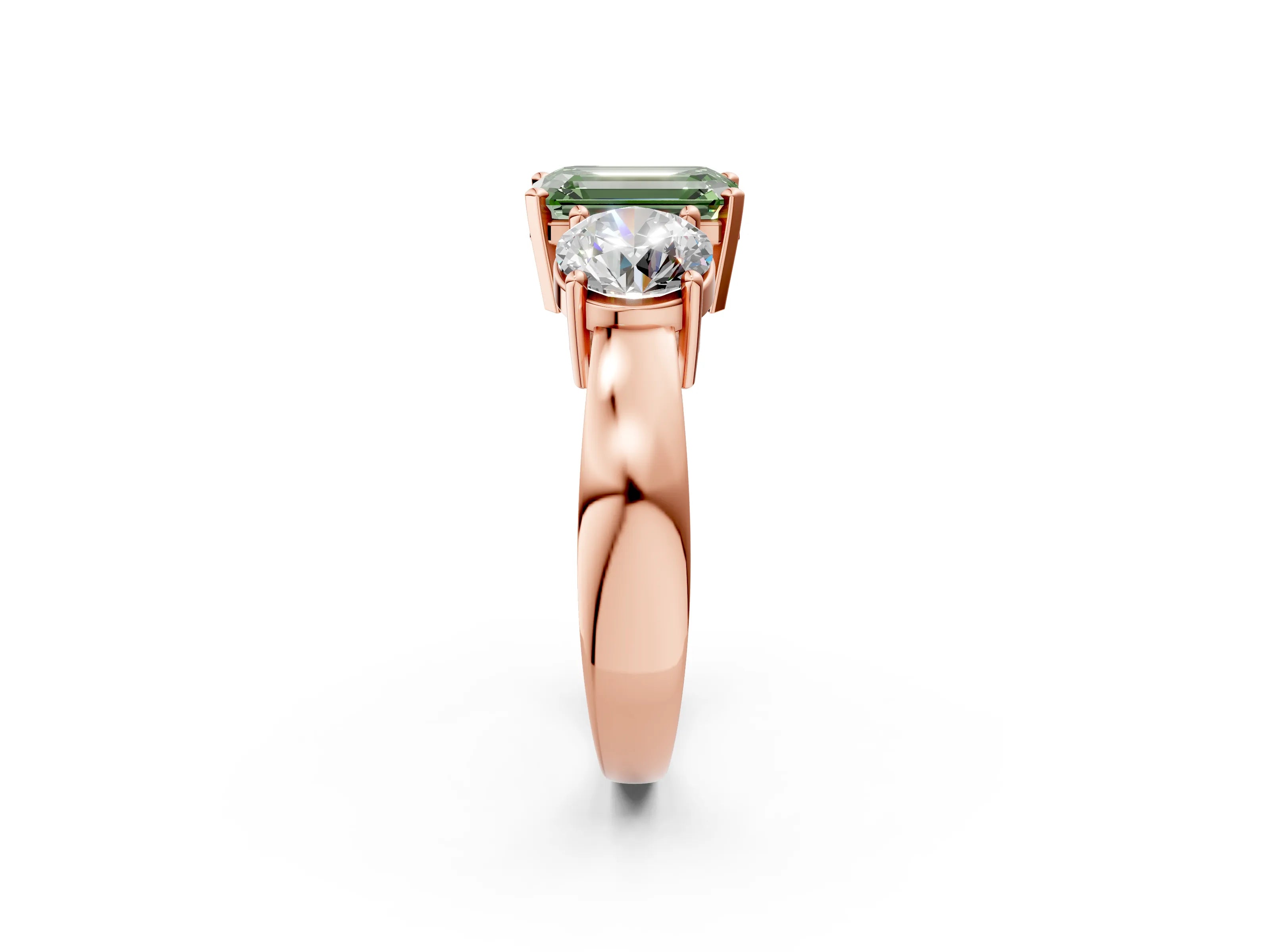 Rose gold Three-Stone Fancy Green Emerald Cut Diamond Ring with Round Side Stones, Classic Band, and Four-Prong Setting_2
