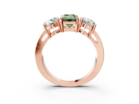 Rose gold Three-Stone Fancy Green Emerald Cut Diamond Ring with Round Side Stones, Classic Band, and Four-Prong Setting_3