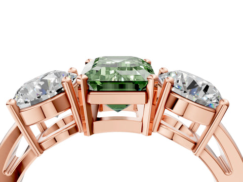 Rose gold Three-Stone Fancy Green Emerald Cut Diamond Ring with Round Side Stones, Classic Band, and Four-Prong Setting_4